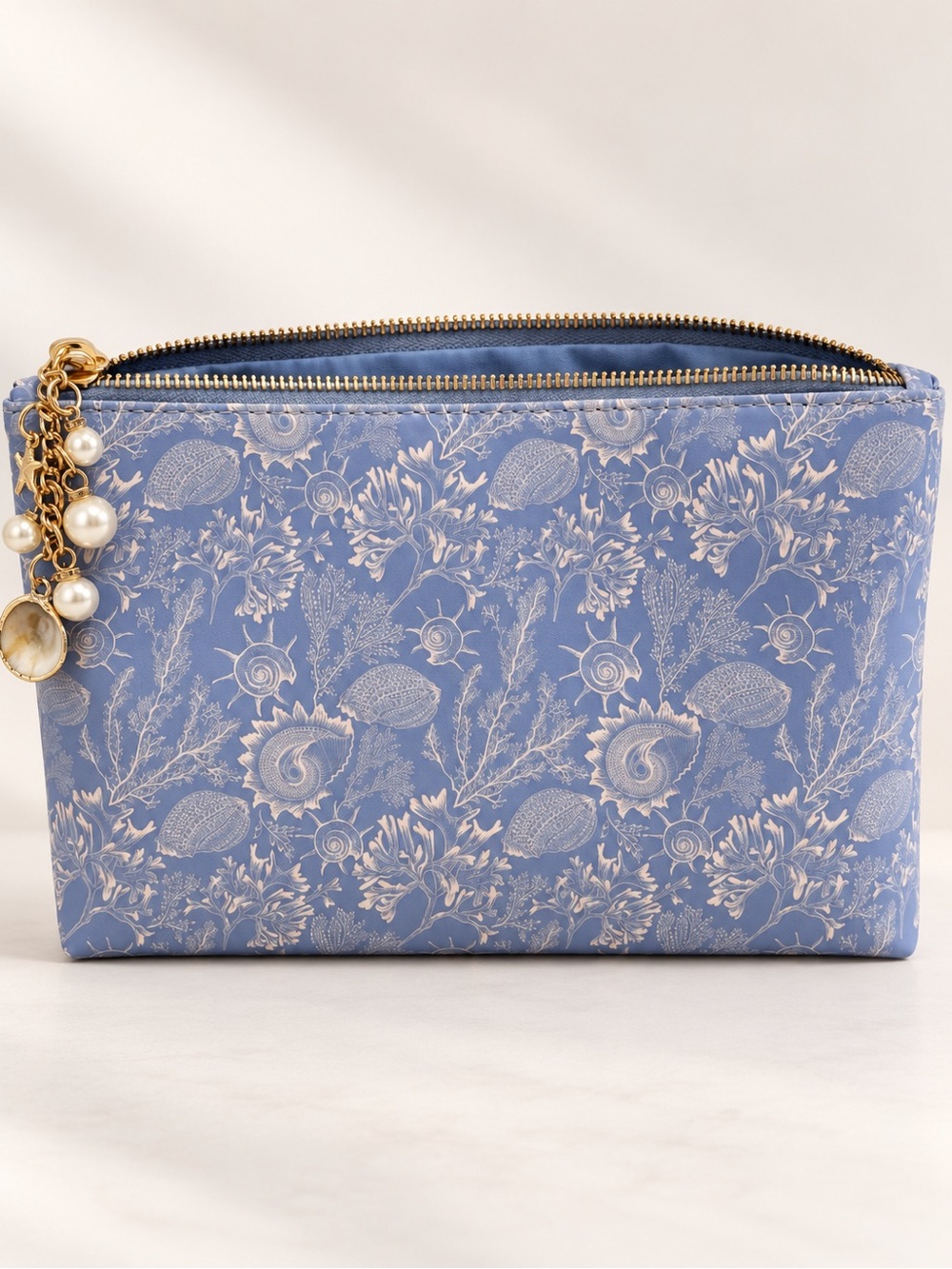 T.J.Maxx Lavender Blue Shell-Print Cosmetic Pouch with Pearl Tassel